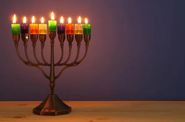 Image Jewish Holiday Hanukkah Background Menorah Traditional Candelabra Colorful Oil — Stock Photo, Image