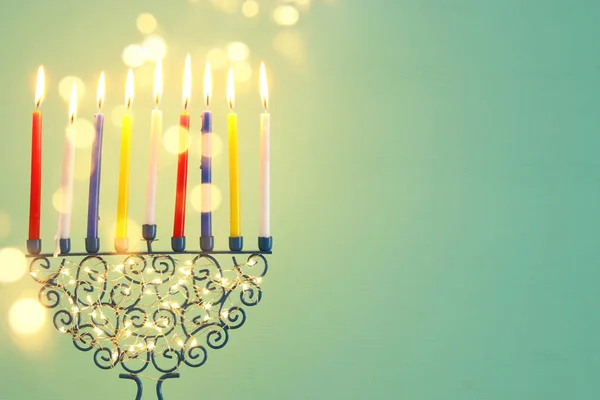 Image Jewish Holiday Hanukkah Background Menorah Traditional Candelabra Colorful Oil — Stock Photo, Image