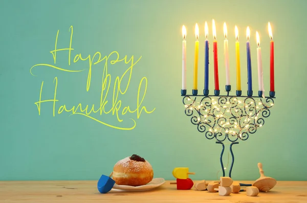 Imagem Férias Judaicas Hanukkah Fundo Com Menorah Candelabro Tradicional Velas — Fotografia de Stock