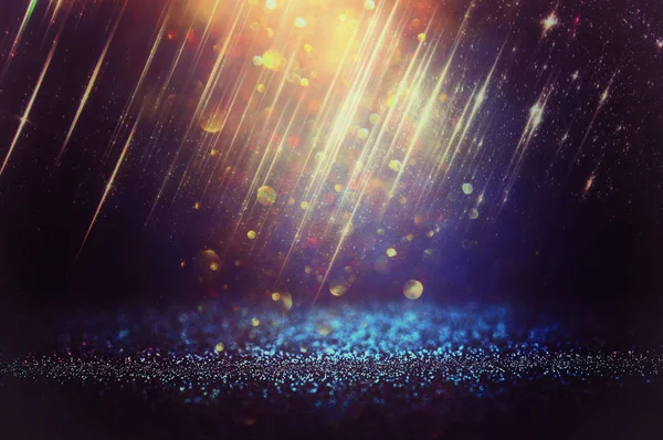 Glitter Vintage Lights Background Black Blue Gold Focused — Stock Photo, Image