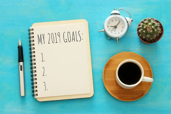 Top View 2019 Goals List Notebook Cup Coffee Wooden Desk — Stock Photo, Image