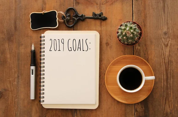 Top View 2019 Goals List Notebook Cup Coffee Wooden Desk — Stock Photo, Image