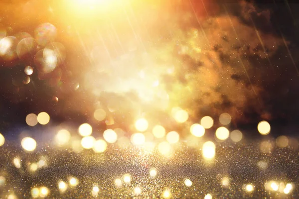 Glitter Vintage Lights Background Black Gold Focused — Stock Photo, Image