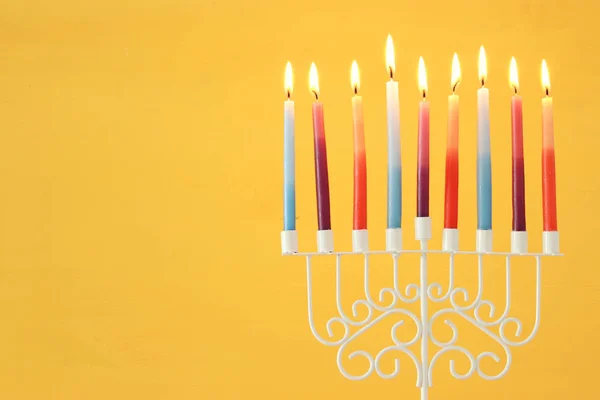 Bilden Judiska Högtiden Hanukkah Bakgrund Med Menorah Traditionella Kandelabrar Och — Stockfoto