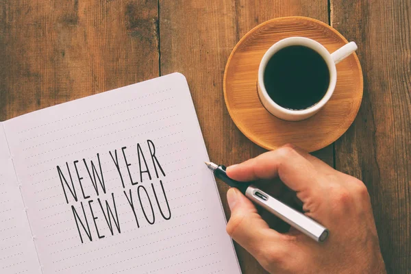 Bovenaanzicht Van Notebook Tekst Nieuwjaar New You Kopje Koffie Houten — Stockfoto