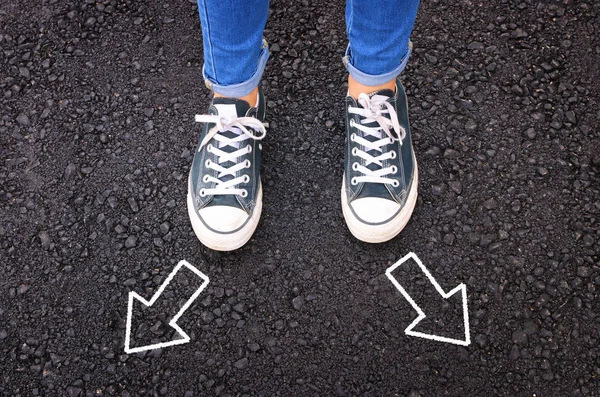 Top View Image Person Jeans Retro Shoes Standing Asphalt Road — Stock Photo, Image