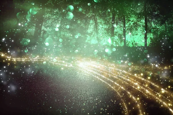 Streszczenie Magiczne Obrazy Glitter Firefly Lotu Nocy Lesie Koncepcja Bajka — Zdjęcie stockowe