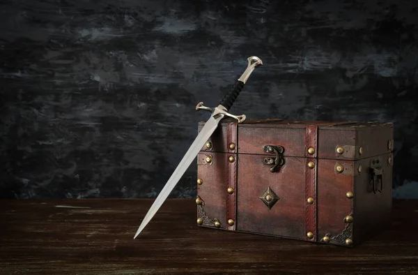 Low Key Image Sword Old Wooden Chest Fantasy Medieval Period — Stock Photo, Image