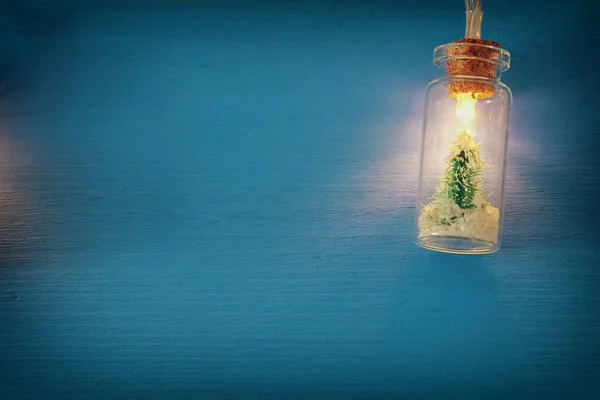 Photo Christmas Tree Masson Jar Garland Light Wooden Blue Background — Stock Photo, Image