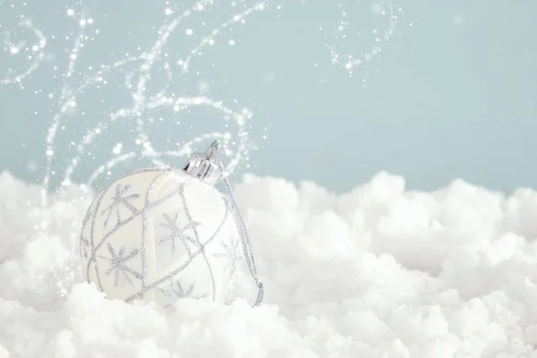 Image Christmas Festive Tree White Ball Decoration Front Pastel Blue — Stock Photo, Image