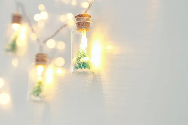 Close Beeld Van Kerstboom Het Licht Van Masson Jar Garland — Stockfoto