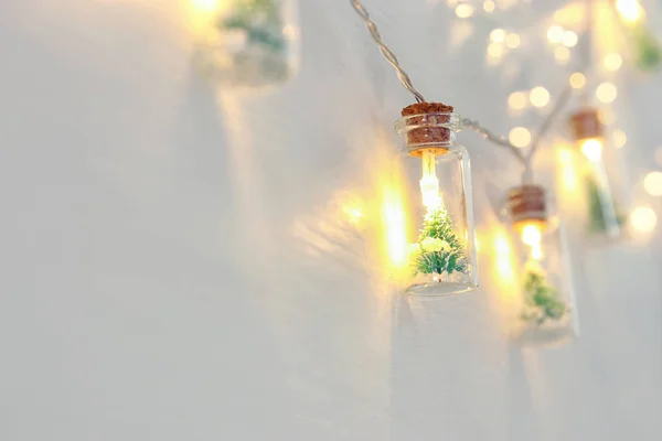 Close Image Christmas Tree Masson Jar Garland Light Wooden White — Stock Photo, Image