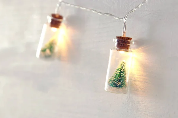 Close Beeld Van Kerstboom Het Licht Van Masson Jar Garland — Stockfoto