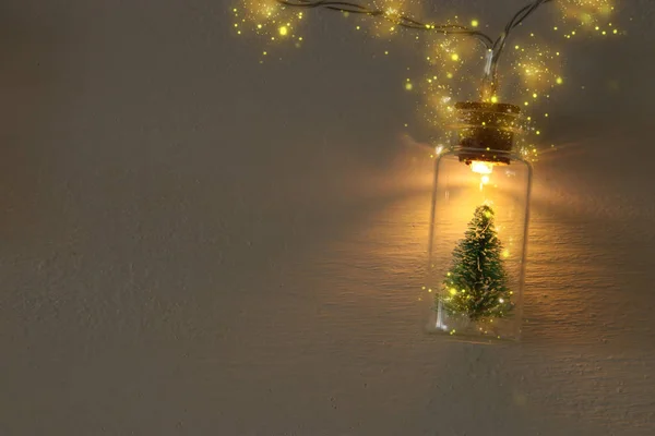 Close Beeld Van Kerstboom Het Licht Van Masson Jar Garland — Stockfoto