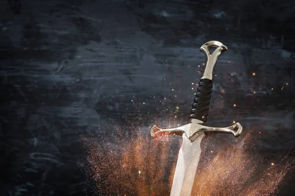 Low Key Image Silver Sword Fire Sparks Fantasy Medieval Period — Stock Photo, Image