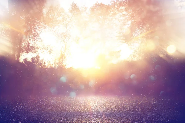 Blurred Abstract Photo Light Burst Trees Glitter Golden Bokeh Lights — Stock Photo, Image