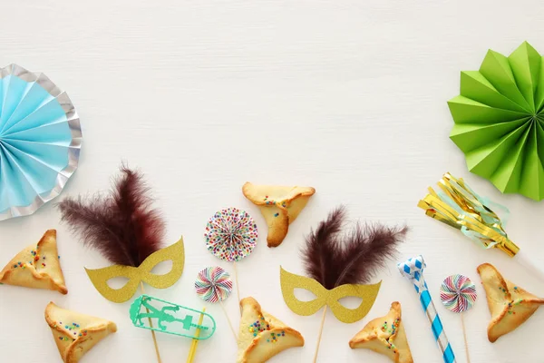 Concepto Celebración Purim Fiesta Del Carnaval Judío Sobre Fondo Madera — Foto de Stock