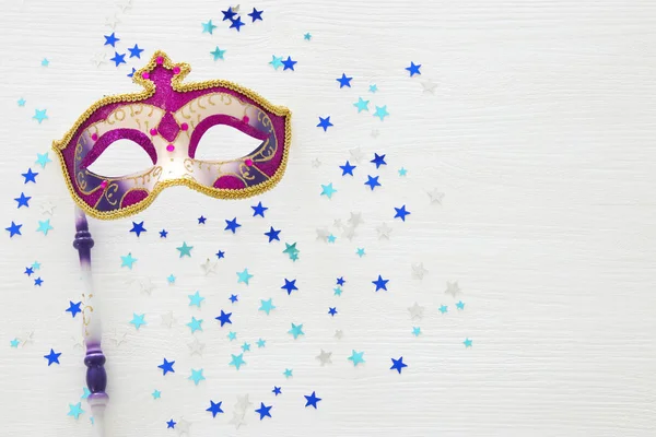 Carnival Party Celebration Concept Elegant Purple Mask Stick White Wooden — Stock Photo, Image