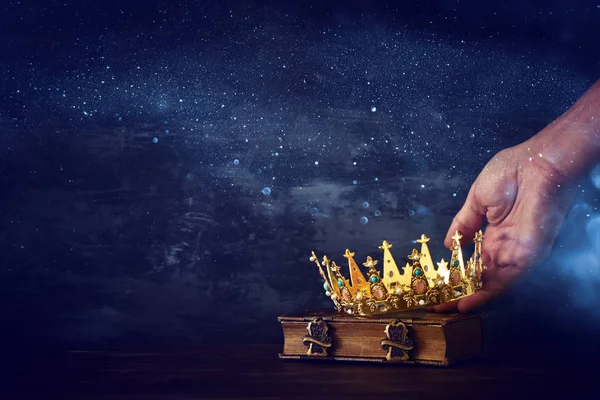 Low Key Photo King Holding Gold Crown Sword Fantasy Medieval — Stock Photo, Image