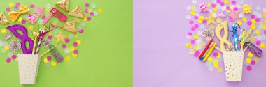 Purim kutlama kavram (Yahudi karnaval tatil) mor, pembe ve yeşil ahşap arka plan üzerinde. Üstten görünüm
