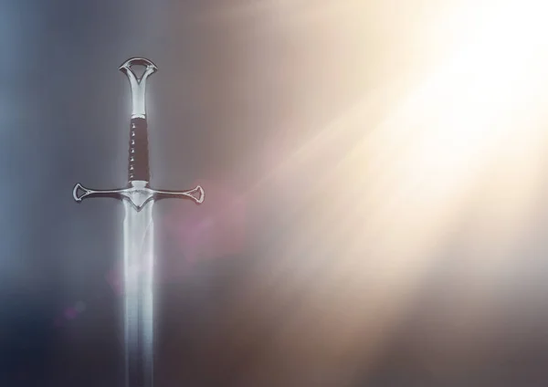 Mysterious Magical Photo Silver Sword Black Background Golden Light Rays — Stock Photo, Image