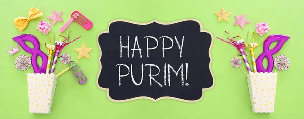 Purim Kutlama Kavram Yahudi Karnaval Tatil Yeşil Ahşap Arka Plan — Stok fotoğraf