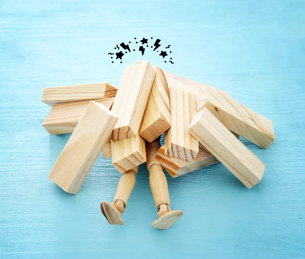 Wooden Dummy Buried Stack Domino Blocks Asking Help Concept Stress — Stock Photo, Image