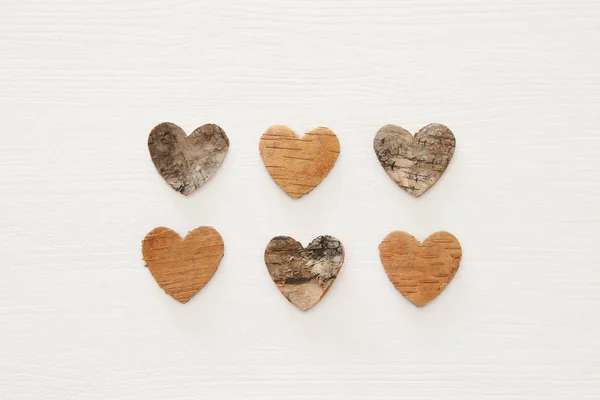 Valentine Day Concept Hearts Cutted Tree Trunk Wooden White Background — Stock Photo, Image