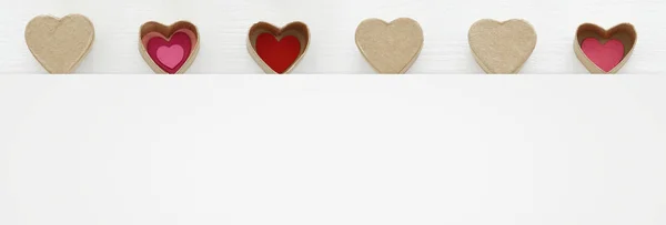 Valentine Day Concept Hearts Paper Gift Boxes Wooden White Background — Stock Photo, Image