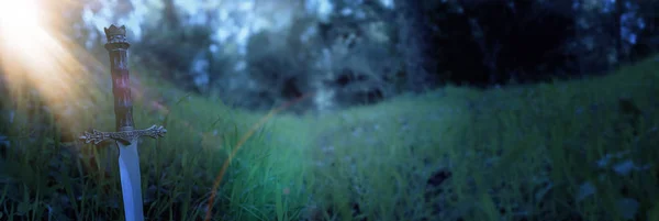 英国の森や光のフレアとフィールドの風景の上に銀剣の神秘的で魔法の写真 中世の概念 — ストック写真
