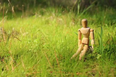 Vizyon ve farklı düşünme kavramı. dört gözle yeşil çim üzerinde oturan ahşap kukla