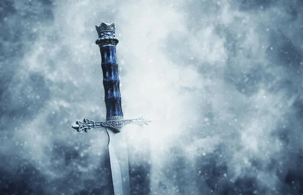 Mysterious Magical Photo Silver Sword Gothic Snowy Black Background Medieval — Stock Photo, Image