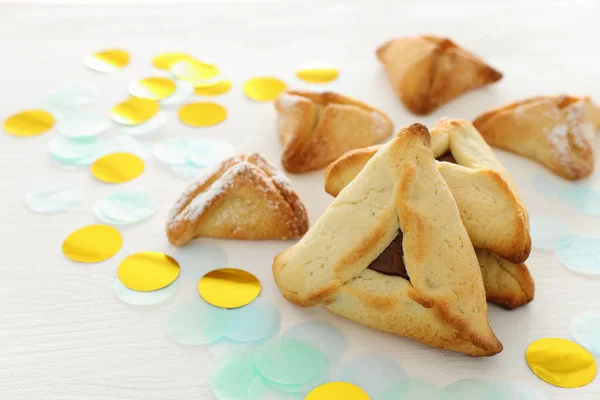 Concetto Celebrazione Purim Festa Carnevale Ebraica Biscotti Hamantaschen Tradizionali Sopra — Foto Stock