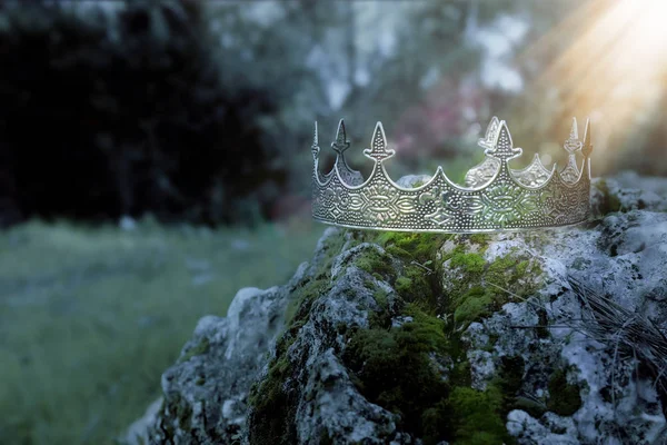 Загадочная Волшебная Фотография Серебряной Короны Короля Над Камнем Покрытым Мхом — стоковое фото
