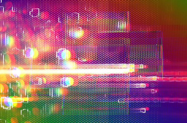 Futuristic background of the 80s retro style. Digital or Cyber Surface. neon lights and geometric pattern , test screen glitch