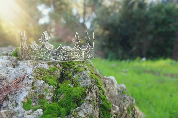 Загадочная Волшебная Фотография Серебряной Короны Короля Над Камнем Покрытым Мхом — стоковое фото