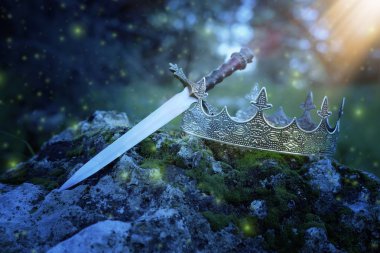gizemli ve büyülü fotoğraf Gümüş Kral taç ve kılıç üzerinde İngiltere'de ormanda taş ya da alanında peyzaj ışık parlama ile. Ortaçağ Dönemi kavramı