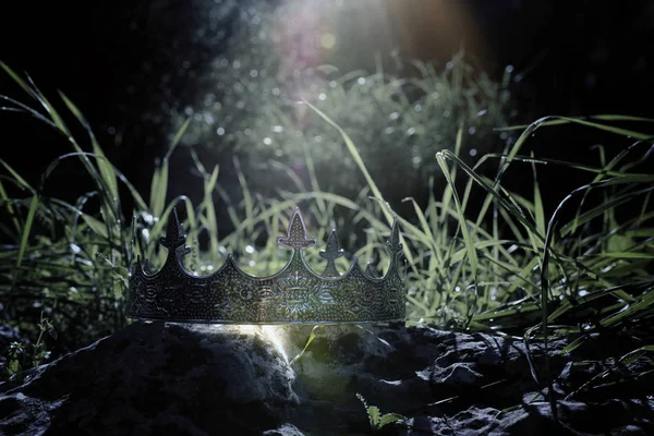 Misteriosa Mágica Foto Coroa Rei Prata Sobre Pedra Inglaterra Bosques — Fotografia de Stock