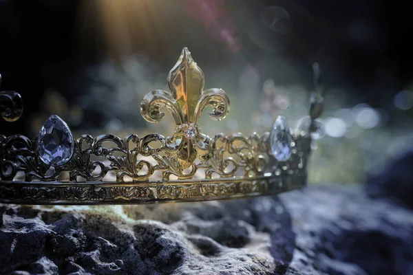 神秘而神奇的照片 金王王冠在英格兰的树林或田野景观与光耀斑的石头 中世纪概念 — 图库照片