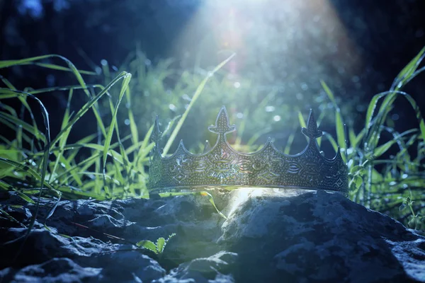 Misteriosa Mágica Foto Coroa Rei Prata Sobre Pedra Inglaterra Bosques — Fotografia de Stock