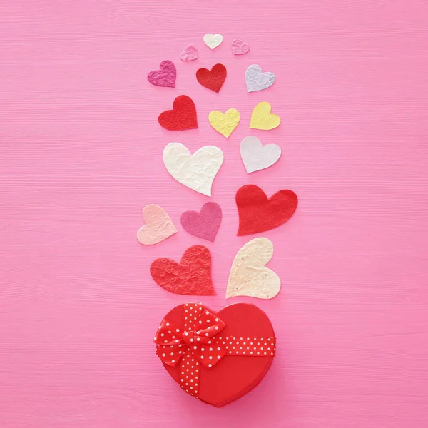Valentine Day Concept Paper Hearts Wooden Pink Background Flat Lay — Stock Photo, Image