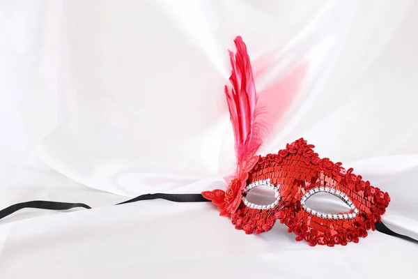 Photo Elegant Delicate Red Venetian Mask White Silk Background — Stock Photo, Image