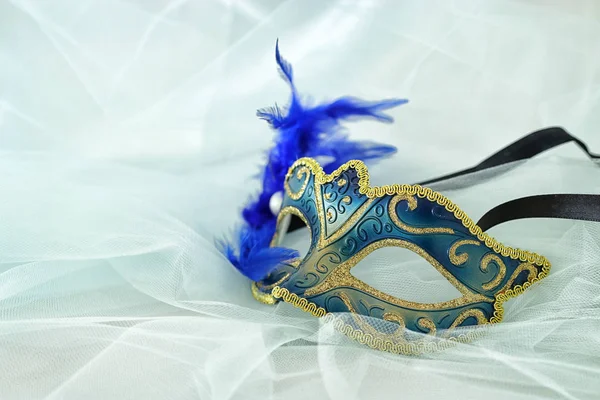 Foto Elegante Delicada Máscara Veneciana Plateada Azul Sobre Fondo Gasa —  Fotos de Stock