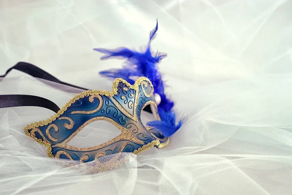 Photo Elegant Delicate Silver Blue Venetian Mask Chiffon Background — Stock Photo, Image