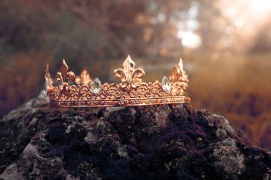 gizemli ve büyülü fotoğraf altın Kral taç İngiltere woods veya alan yatay ışık parlama ile yosun kaplı taş üzerinde. Ortaçağ Dönemi kavramı. Tonda ve filtre