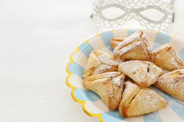 Purim Celebration Concept Jewish Carnival Holiday Traditional Hamantaschen Cookies White — Stock Photo, Image