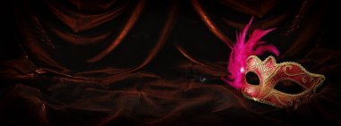 Fotoğraf narin ve zarif altın, karanlık kadife ve ipek arka plan üzerinde kırmızı Venedik Maske