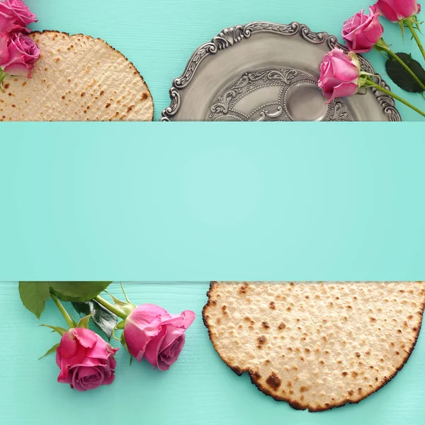 Pesah Celebration Concept Jewish Passover Holiday Wooden Mint Background Top — Stock Photo, Image