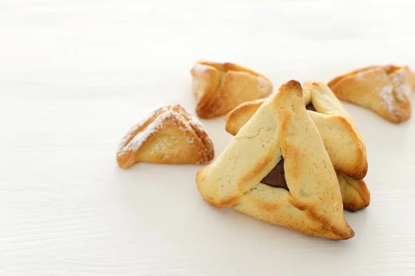 Conceito Celebração Purim Feriado Carnaval Judaico Biscoitos Hamantaschen Tradicionais Sobre — Fotografia de Stock