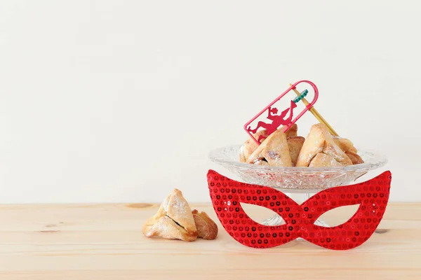 Purim Firande Koncept Judisk Karneval Semester Över Träbord — Stockfoto